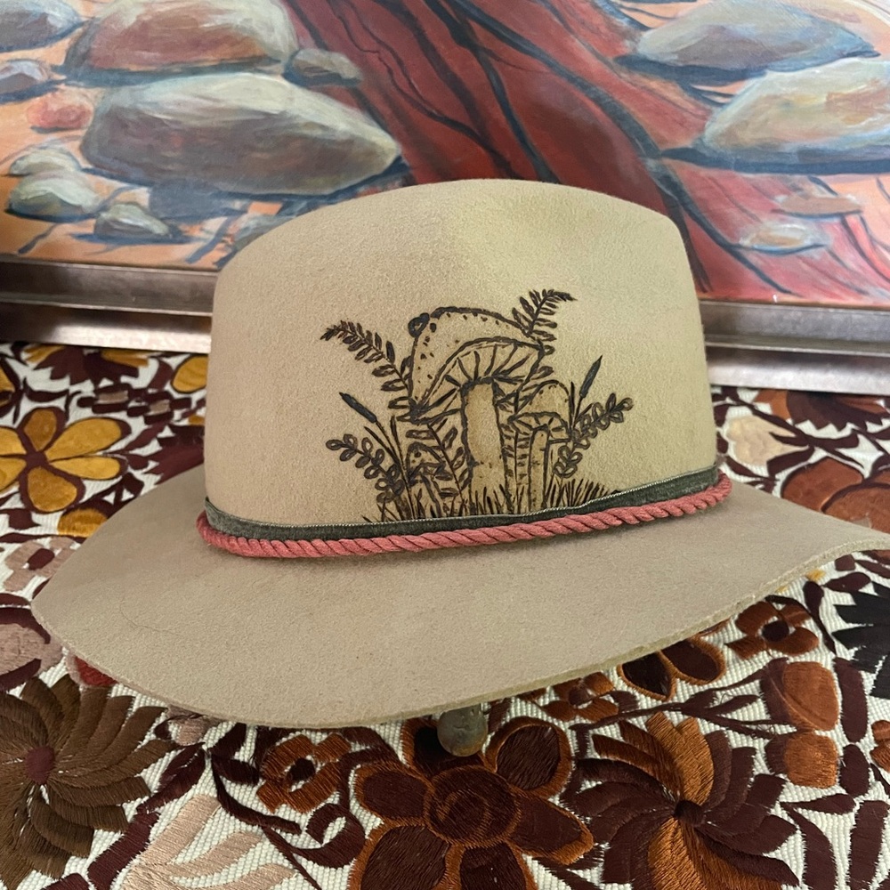 Tan Fedora Hat with Mushroom Design